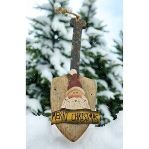 Rustic Merry Christmas Santa Claus Wooden Shovel Ornament Hand Painted Folk Art